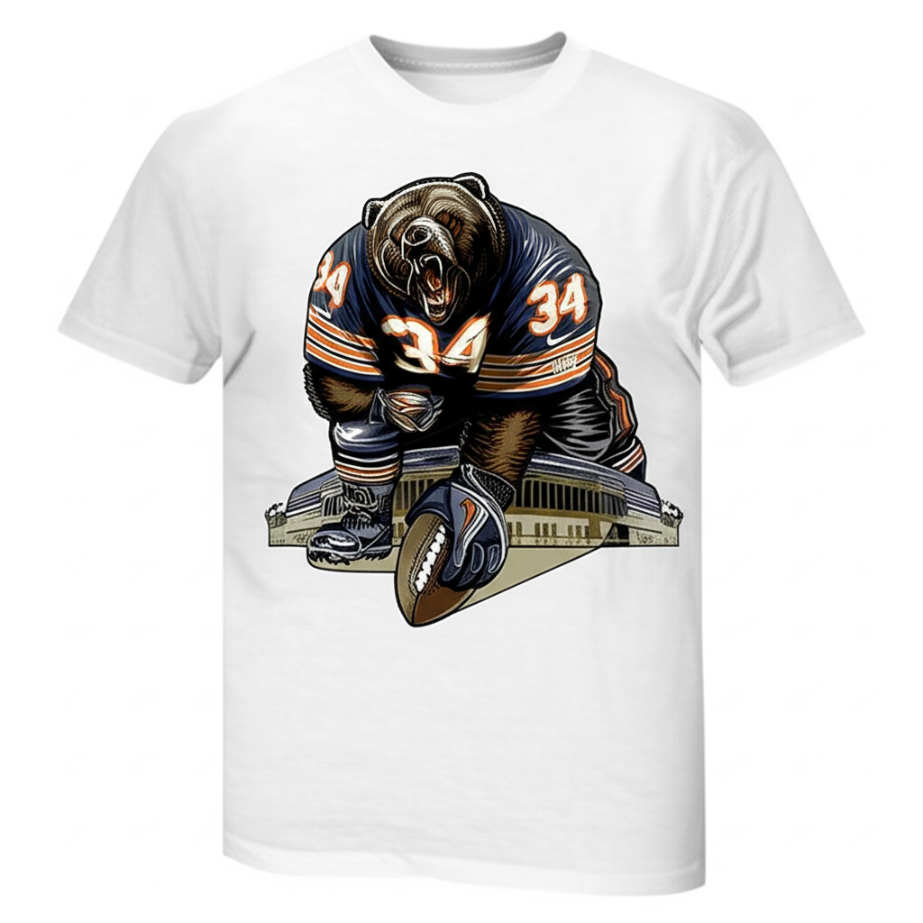 Grizzly Gridiron Chicago Bear Football Player TShirt Detailed Graphic Tee.