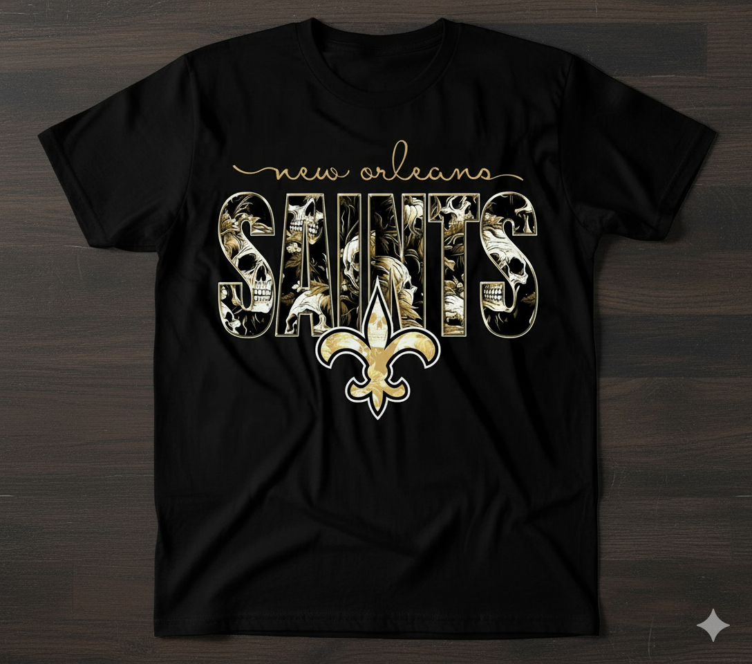 New Orleans Saints Black T-Shirt - Skull and Fleur De Lis Graphic Tee