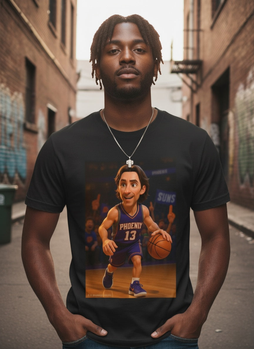 Steve Nash Caricature T-Shirt - Phoenix Suns (Assuming the caricature is inspired by Steve Nash, who wore #13 for the Suns)