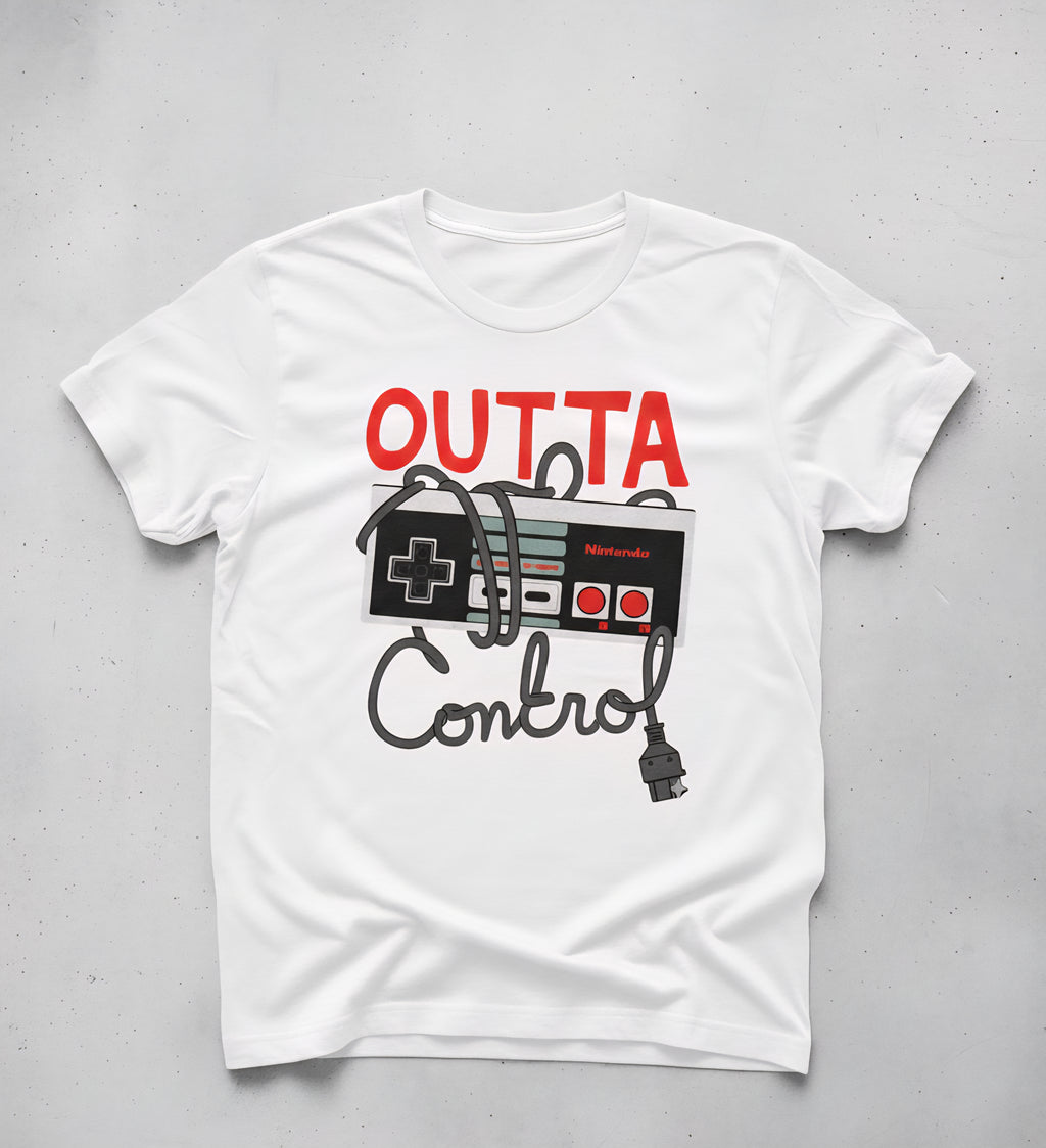 Nintendo Entertainment System (NES) controller and the phrase "OUTTA CONTROL."