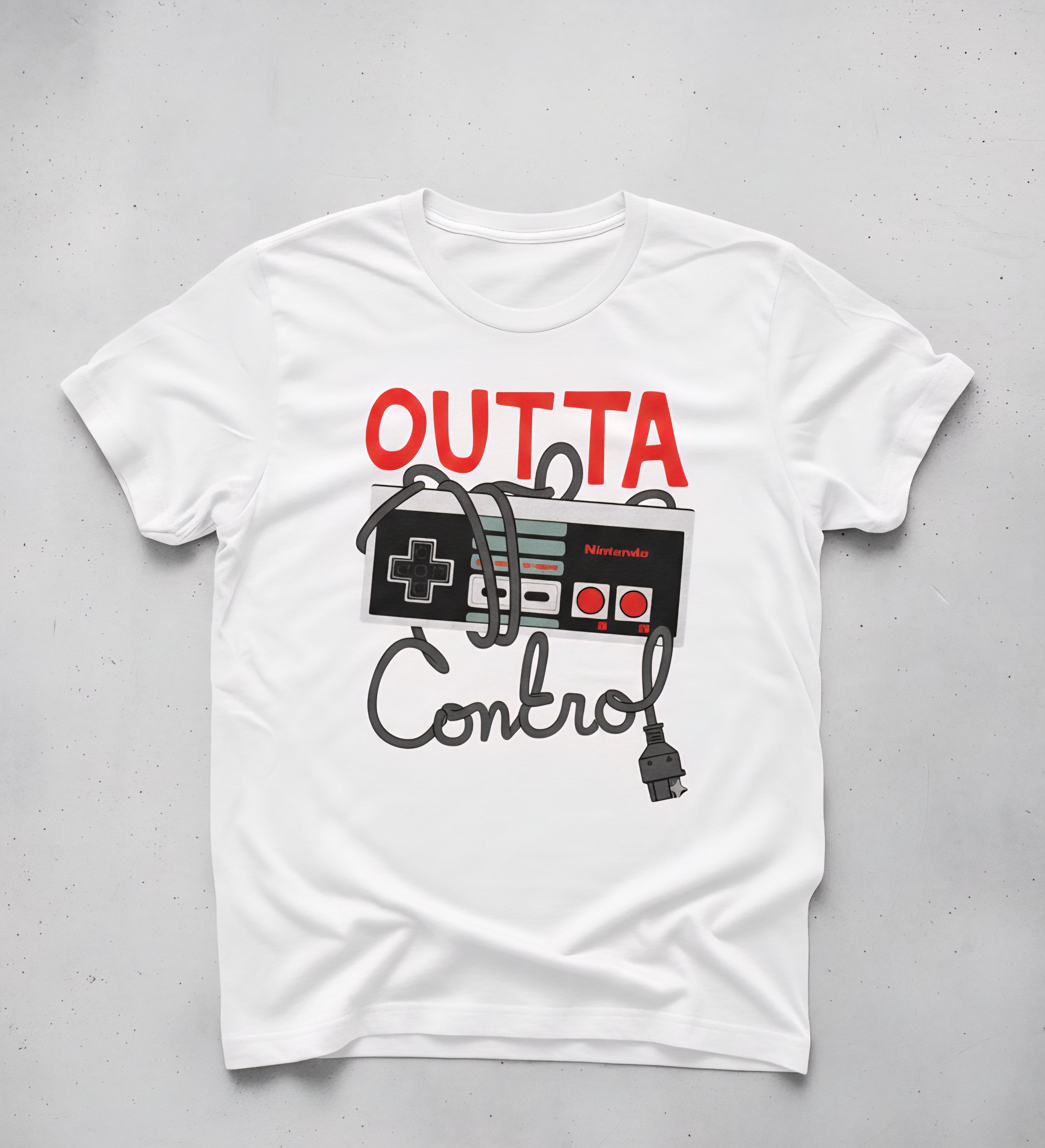 Nintendo Entertainment System (NES) controller and the phrase "OUTTA CONTROL."
