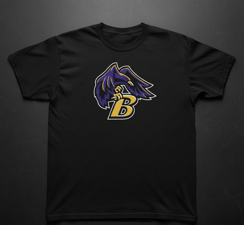 Purple Baltimore Ravens Mascot with Gold Letter B T-Shirt