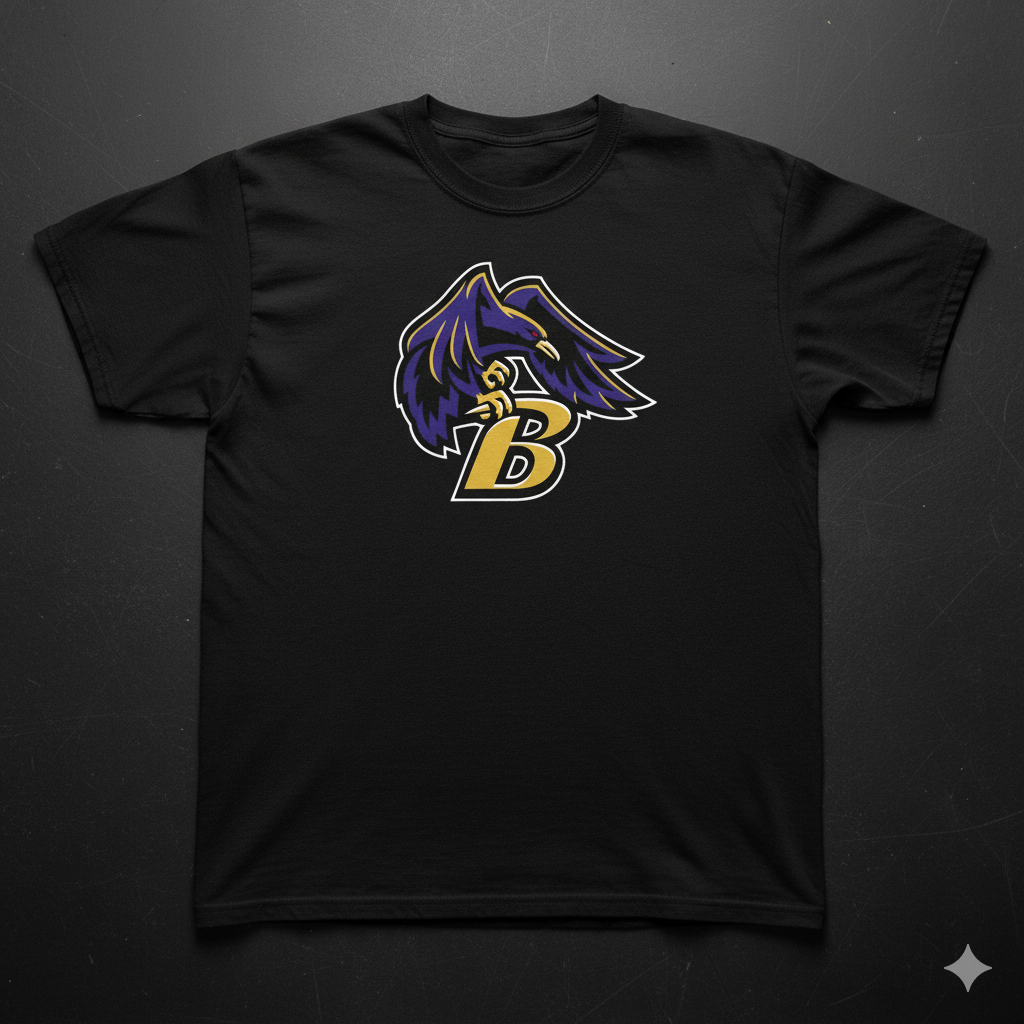 Purple Baltimore Ravens Mascot with Gold Letter B T-Shirt
