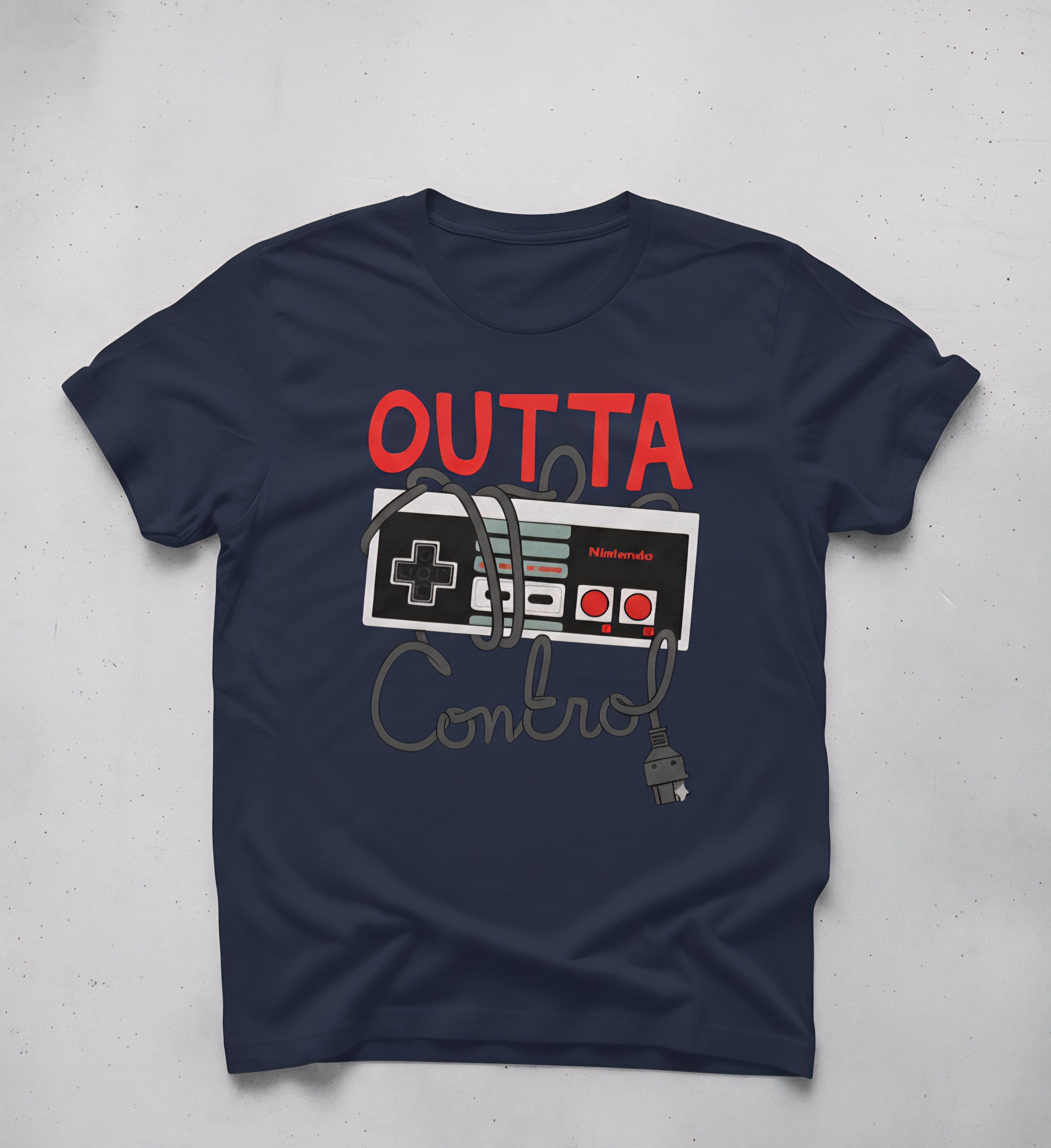 Nintendo Entertainment System (NES) controller and the phrase "OUTTA CONTROL."