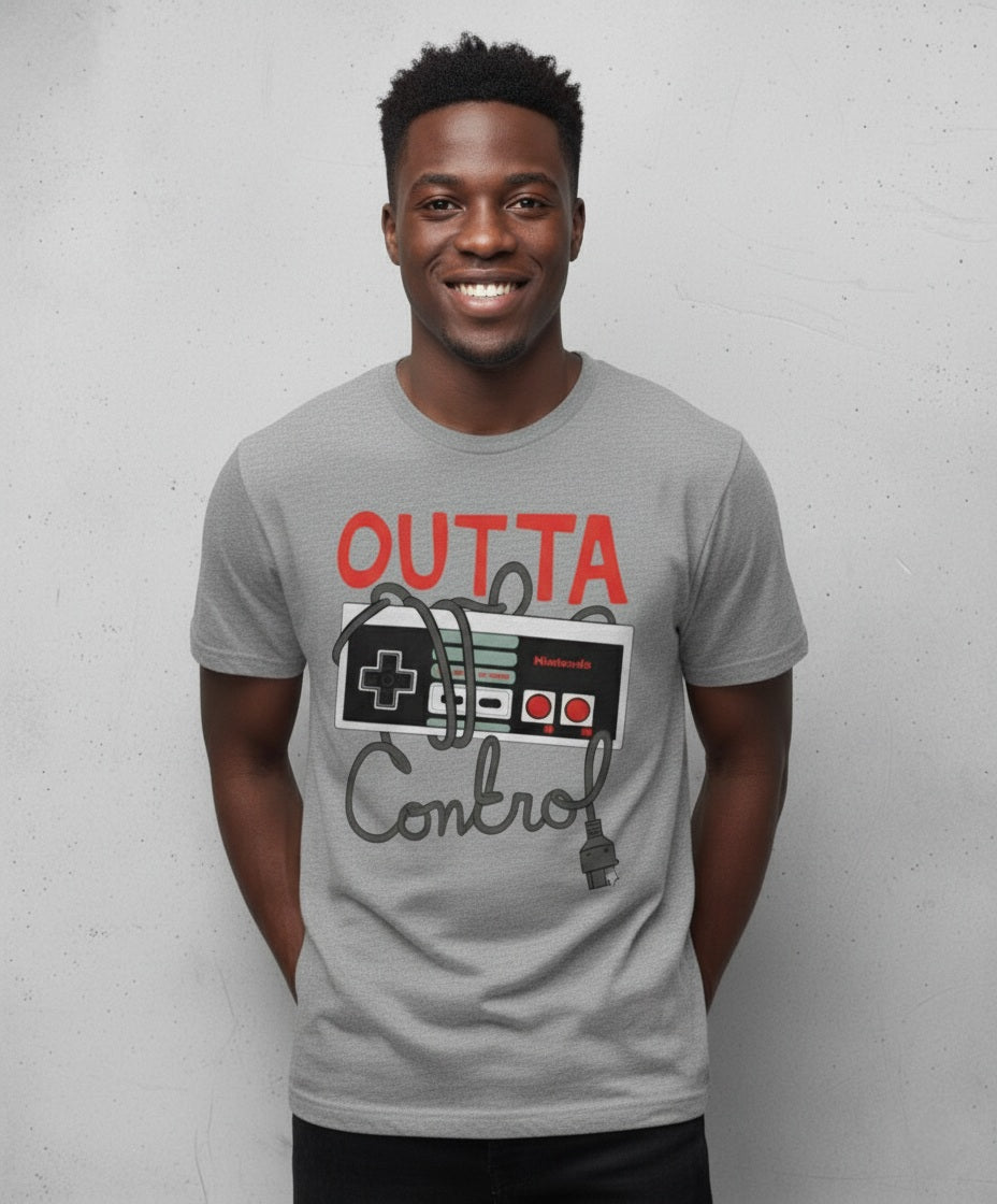Nintendo Entertainment System (NES) controller and the phrase "OUTTA CONTROL."