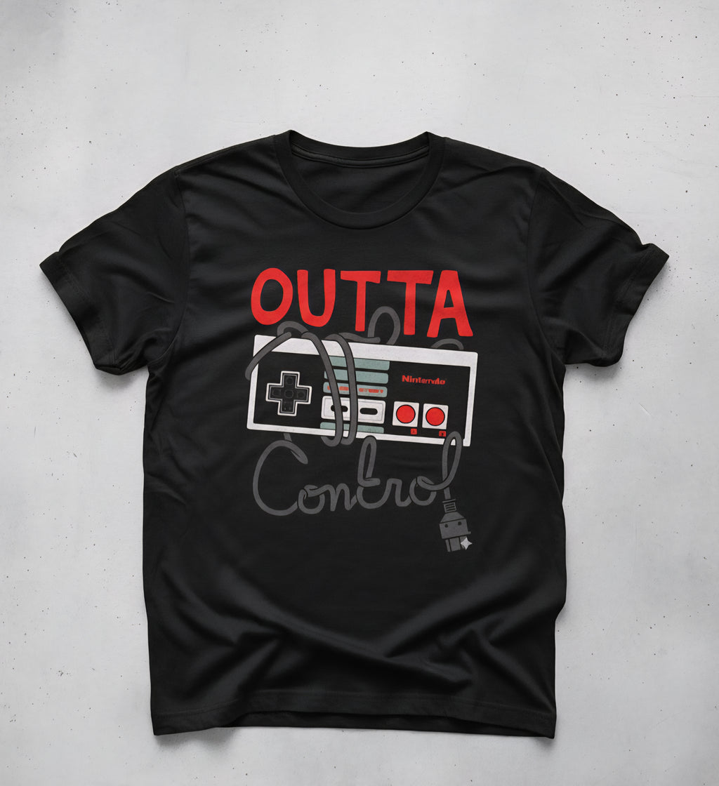 Nintendo Entertainment System (NES) controller and the phrase "OUTTA CONTROL."
