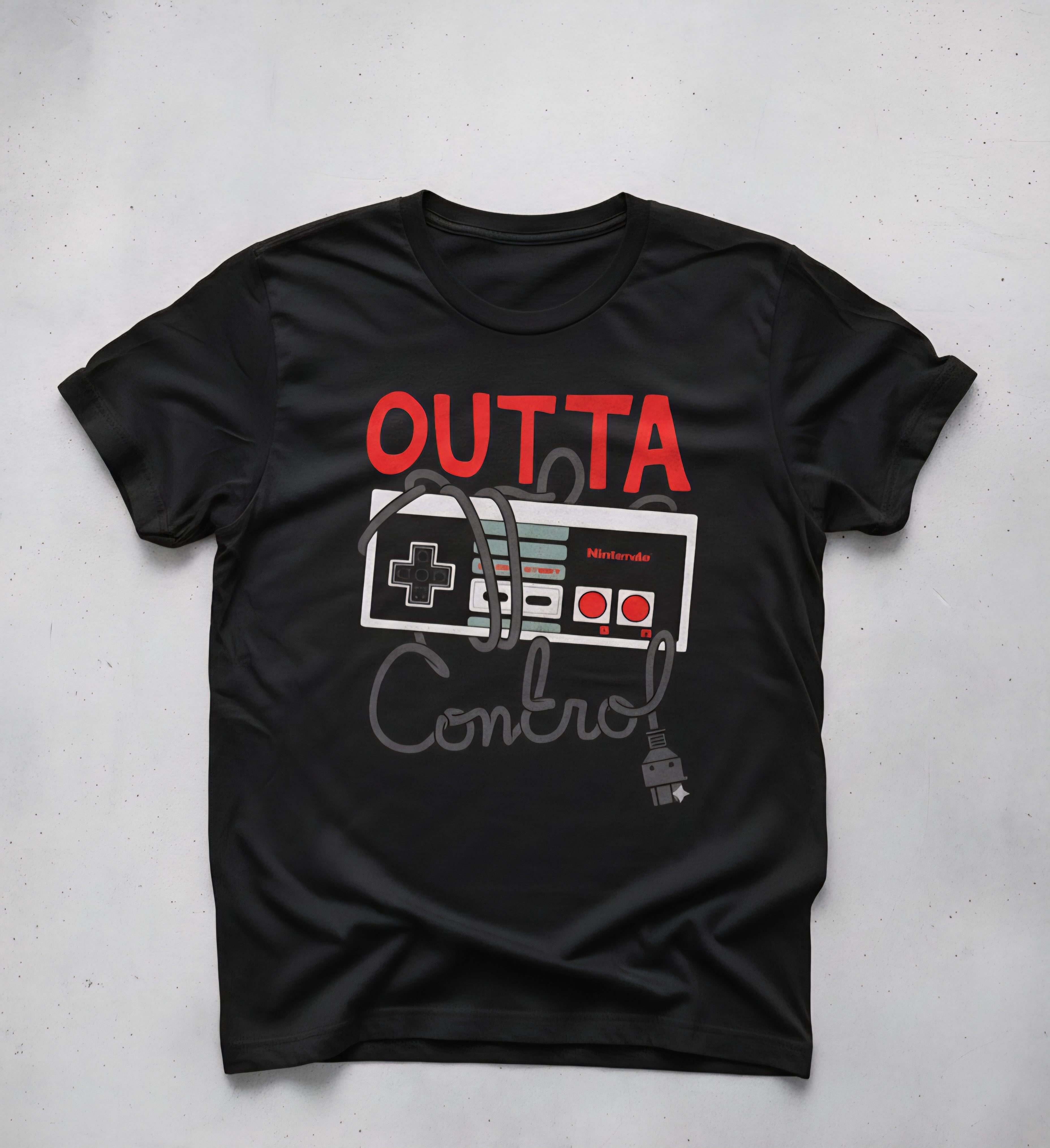 Nintendo Entertainment System (NES) controller and the phrase "OUTTA CONTROL."