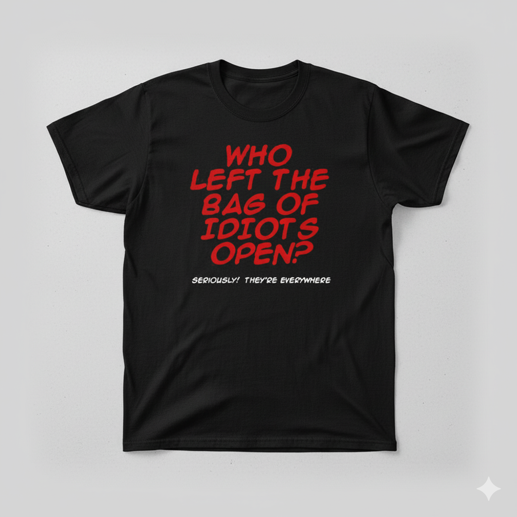 Who Left The Bag of Idiots Open?" Funny Sarcastic T-Shirt