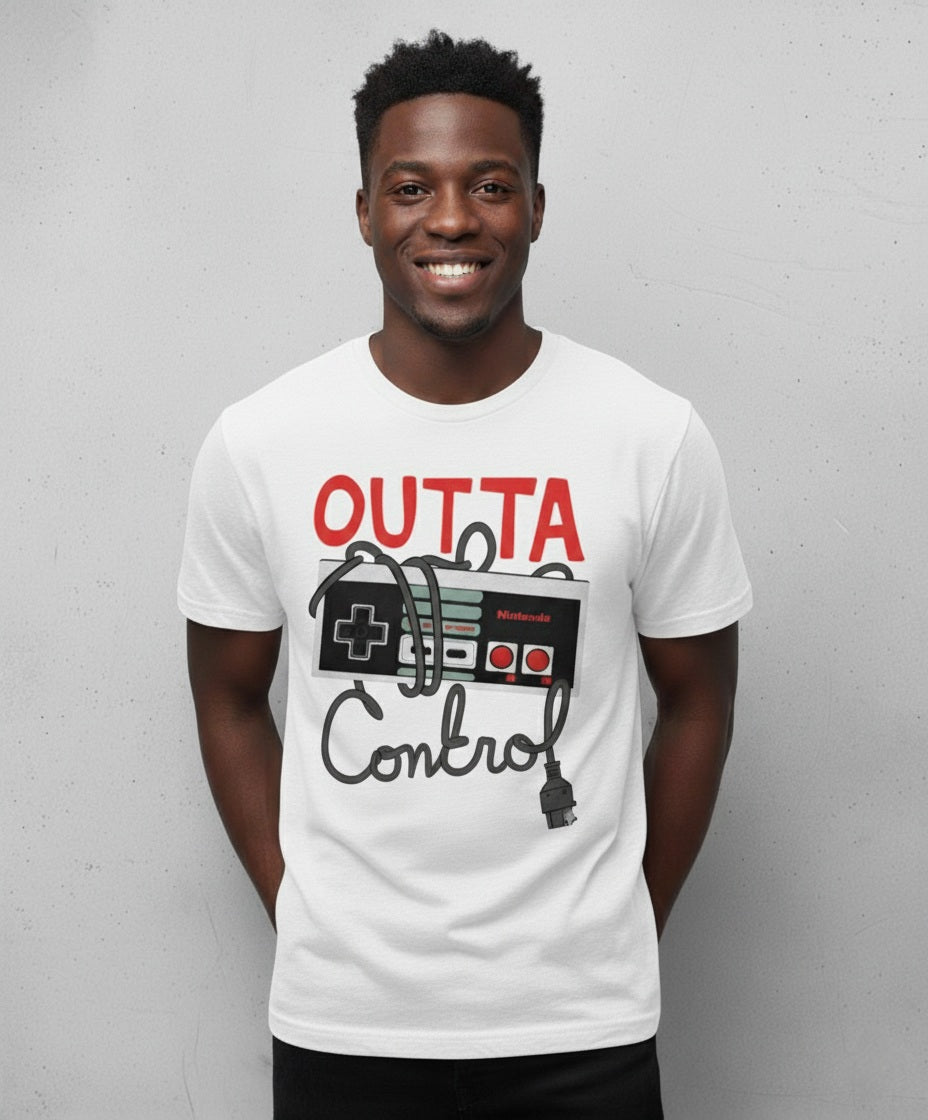 Nintendo Entertainment System (NES) controller and the phrase "OUTTA CONTROL."
