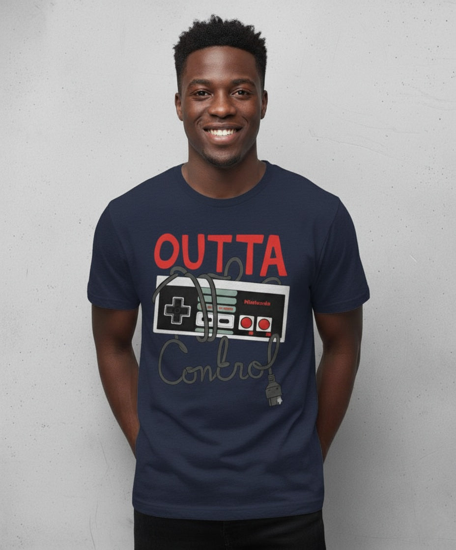 Nintendo Entertainment System (NES) controller and the phrase "OUTTA CONTROL."