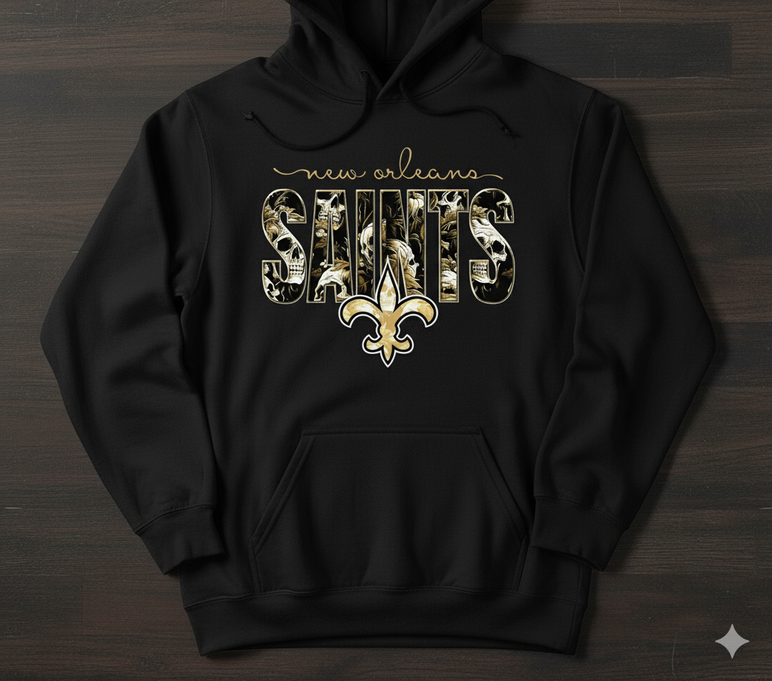 Vintage Team Football Hoodie - New Orleans Saints Design with Skulls and Fleur-de-Lis Hoodie