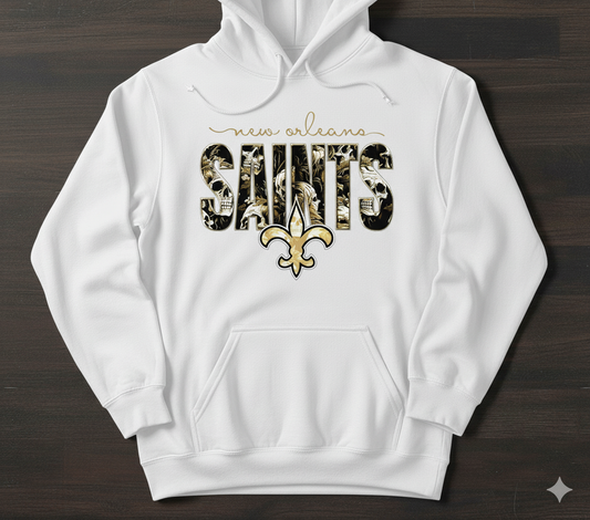 Vintage Team Football Hoodie - New Orleans Saints Design with Skulls and Fleur-de-Lis Hoodie