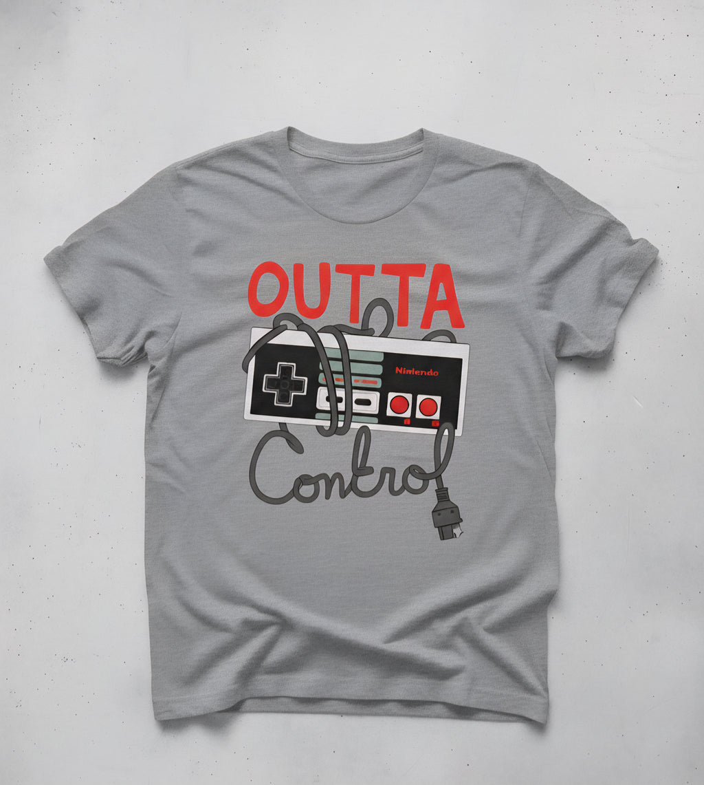 Nintendo Entertainment System (NES) controller and the phrase "OUTTA CONTROL."