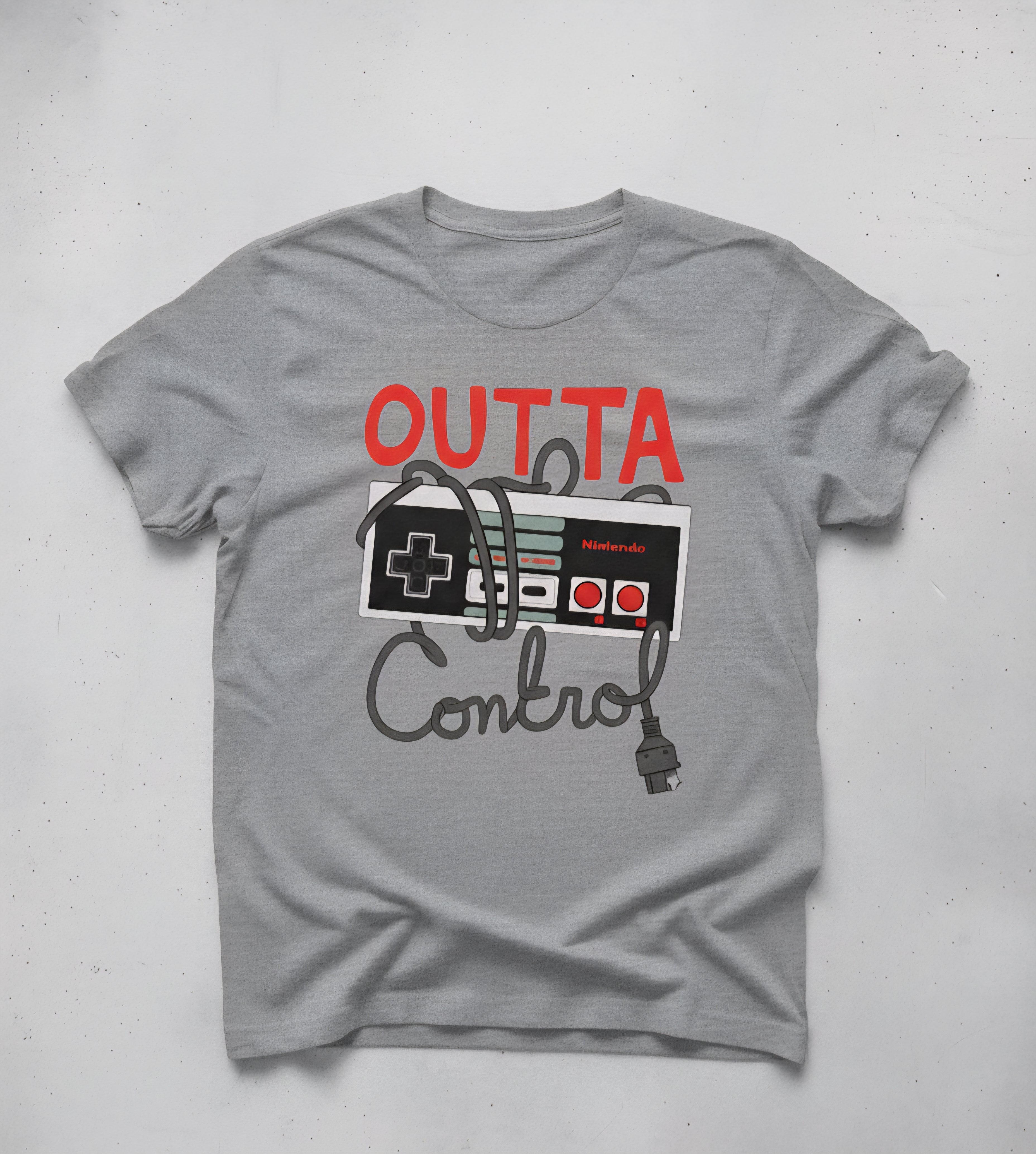 Nintendo Entertainment System (NES) controller and the phrase "OUTTA CONTROL."